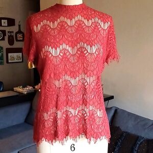Rust Red Orange Eyelash Lace Short Sleeve Zip Up Split Back INNY Top